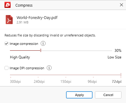 PDF Extra: PDF compressor settings window